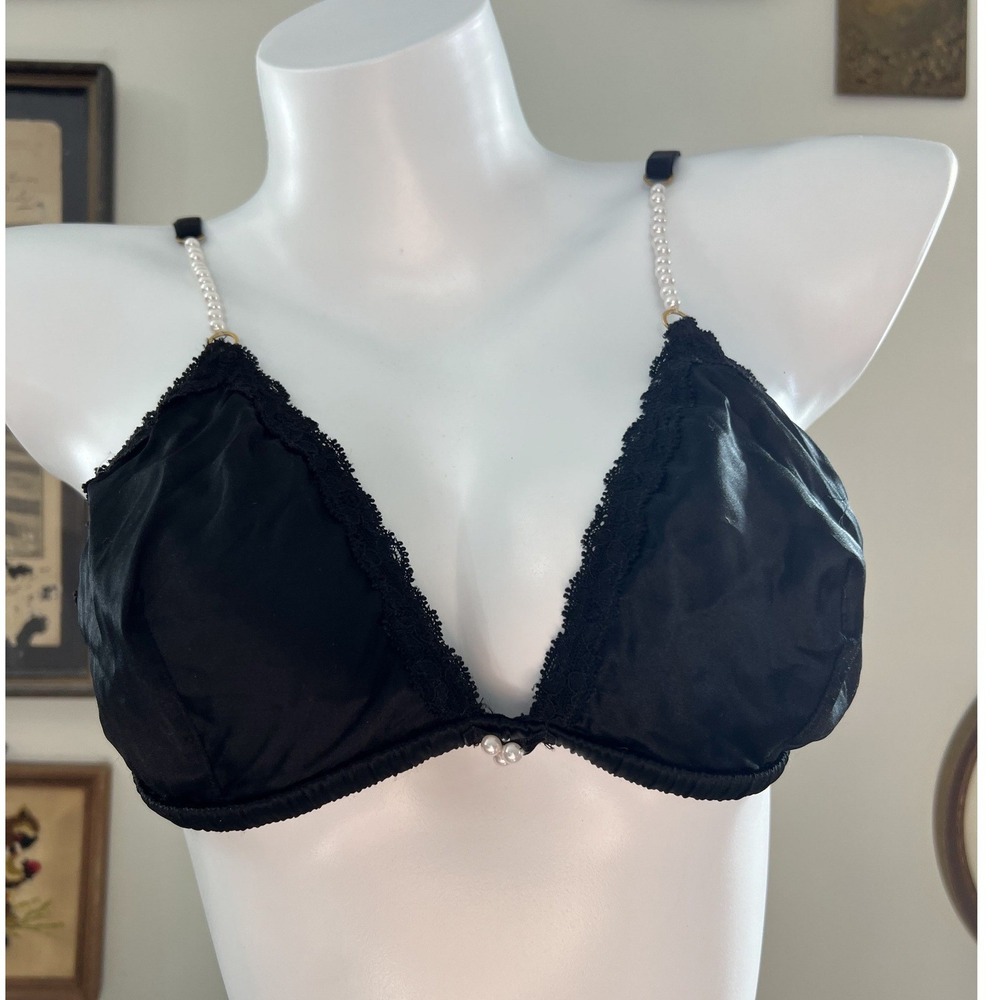 Intimissimi Black Silk and Lace Bralette with Pearl Bead Straps Size 36